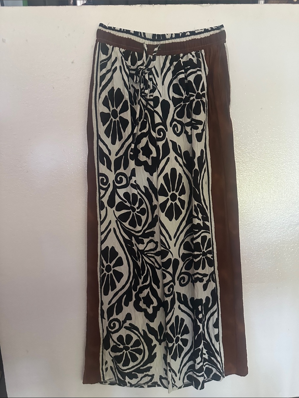 Wide Leg Floral Print Pants in Black & Cream with Brown Trim